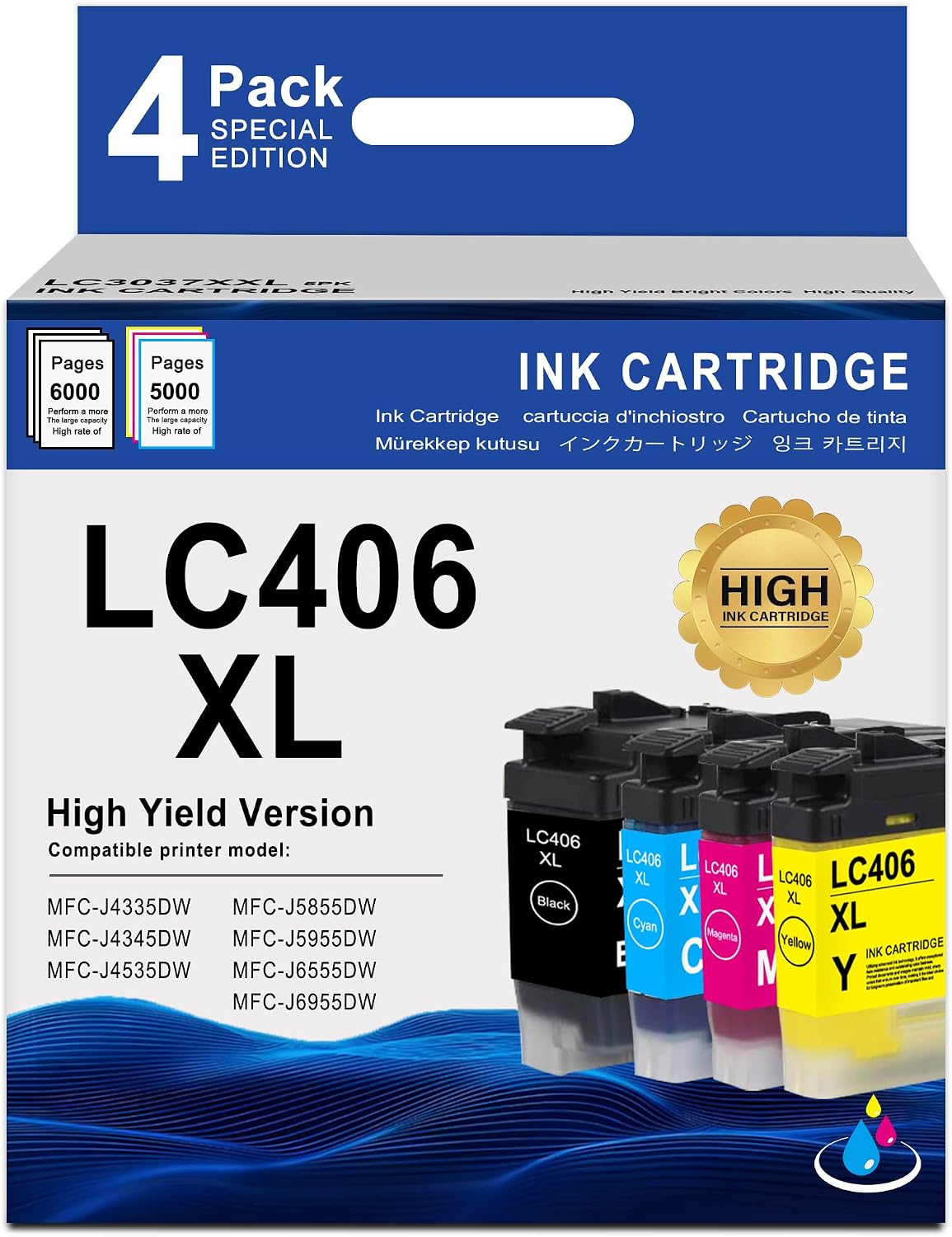 MOLIMER LC406XL High Yield Ink Cartridges Replacement for Brother LC406 LC406XL Ink Cartridges for MFC-J4335DW MFC-J4535DW MFC-J5855DW MFC-J6555DW MFC-J6955DW Printer (5Pack, 2BK/1C/1M/1Y)