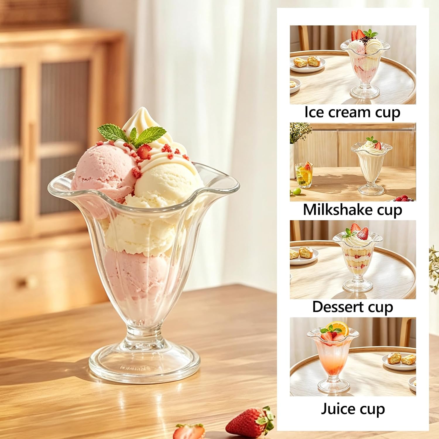 6 Pack Clear Acrylic Dessert Cups,Reusable Acrylic Ice‑Cream Cups,Stemmed Footed Trifle Bowl for Sundae,Yogurt,Fruit,Pudding,Home Party Serving (A)
