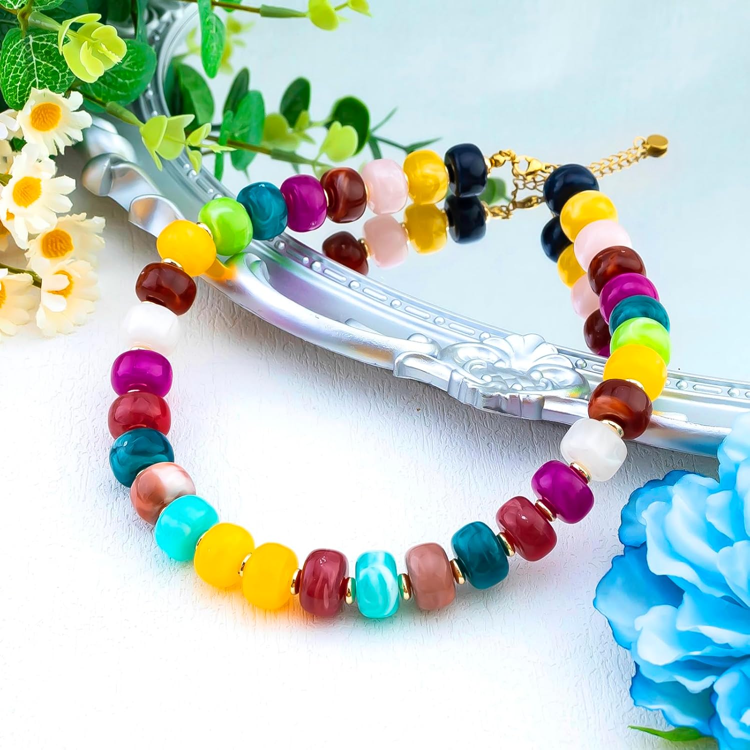 Ikacvb Colorful Beaded Necklace For Women Statement Chunky Necklaces Jewelry Boho Summer Beach Gifts For Woman Mom Accessories