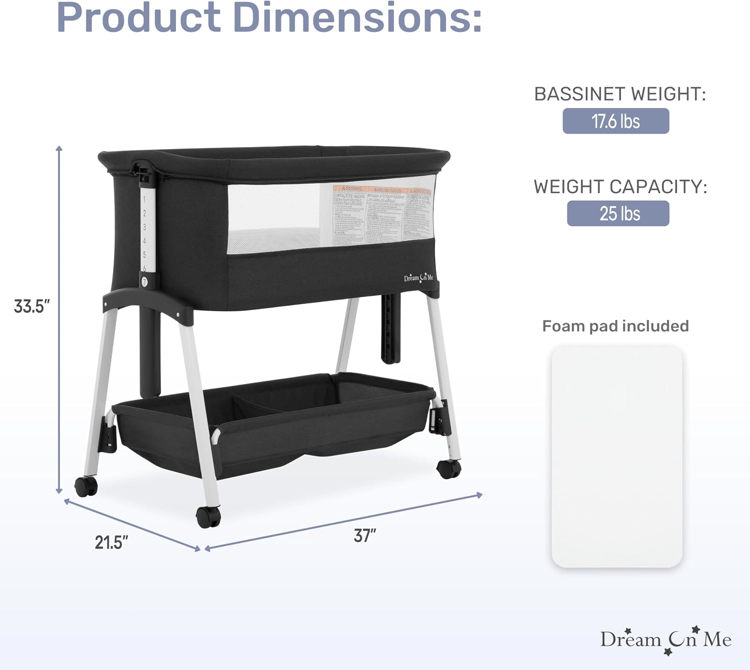 Dream On Me Calypso Portable Bassinet with Wheels, Adjustable Height Bedside Sleeper, Foldable Baby Bassinet with Breathable Mesh Sides, Foam Mattress, Easy Mobility & Travel-Friendly Design - Black