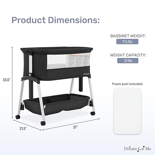 Miniatura 3 de Dream On Me Calypso - Moisés portátil con ruedas, altura ajustable, moisés plegable para bebé con laterales de malla transpirable, colchón de