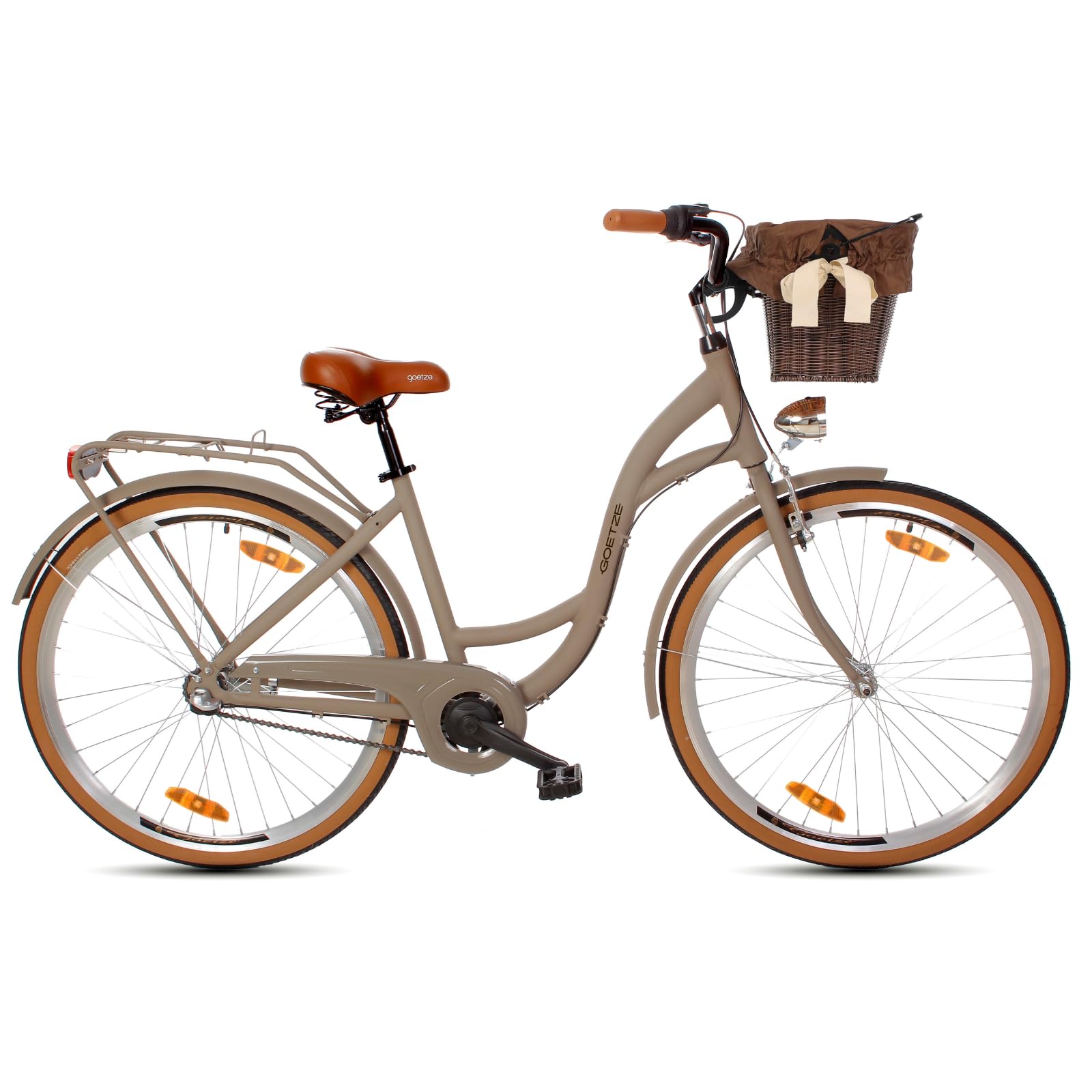 Goetze Style 28 Zoll Damen Citybike, 18 Zoll Tiefeinsteiger Aluminiumrahmen, 3-Gang Nabenschaltung, Rücktrittbremse, V-Bremse, LED-Beleuchtung, Rattankorb, Komfortsattel, mit Ständer & Klingel Sport & Freizeit