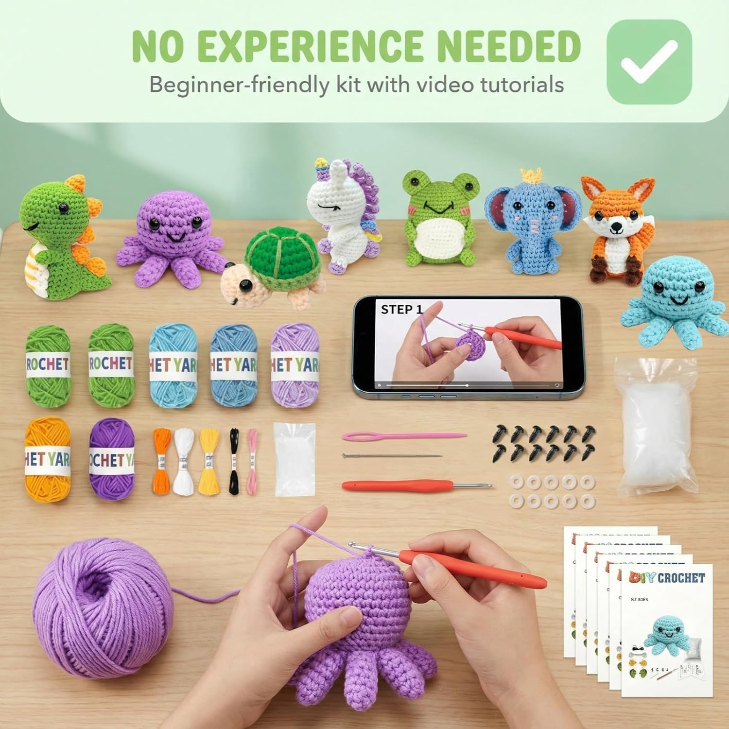 Ebzoyor 8Pcs Crochet Animal Kit for Beginners with Step by Step Videos | Crotchet Kit with Yarn Hook and Supplies, Knitting Kit to Make Your Own Loom Animals, DIY Craft Gift for Craft Lovers