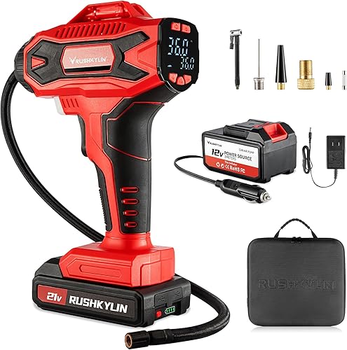 RUSHKYLIN Inflador de neumáticos inalámbrico, compresor de aire portátil, bomba de aire de 160 PSI con adaptador de corriente de 12 V, bomba de
