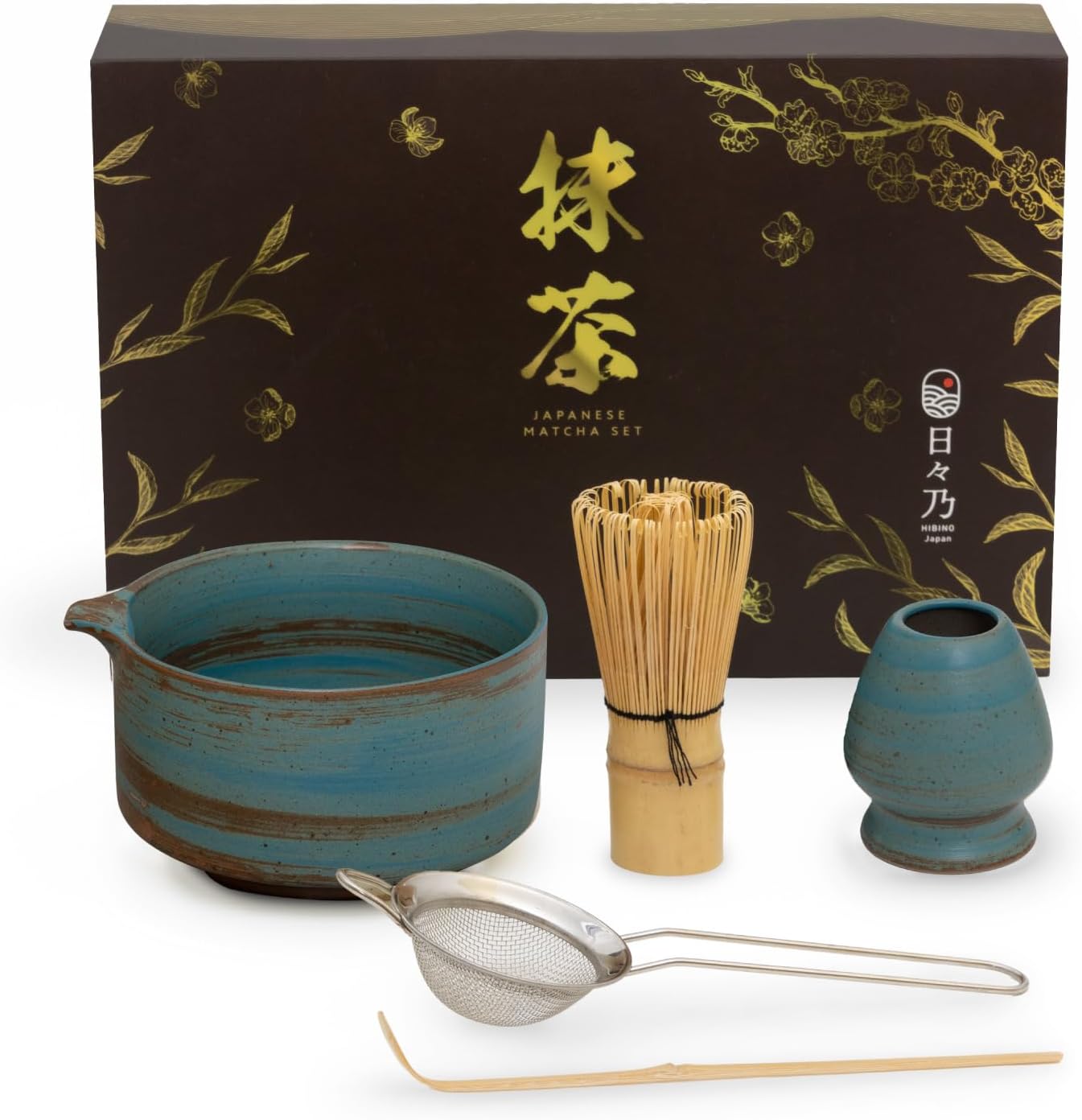Japanese Matcha Set – Matcha Bowl with Spout, Matcha Whisk and Holder, Bamboo Matcha Scoop and Stainless Sifter – 5 Pcs – Traditional Matcha Kit – Designed in Japan -「Rustic Teal」