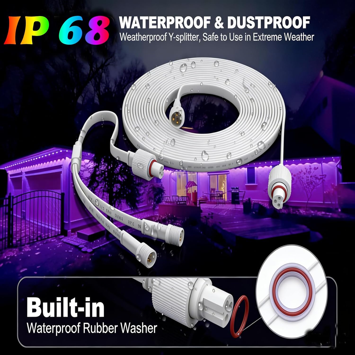 2 PCS 9.8FT Outdoor Extension Cord for Govee Lights, 3-Pin IP68 Waterproof (1 Female to 2 Male) Y-Splitter Cable, Permanent Lighting Power Wire for Patio, Garden, Roof, Backyard Décor - Image 7