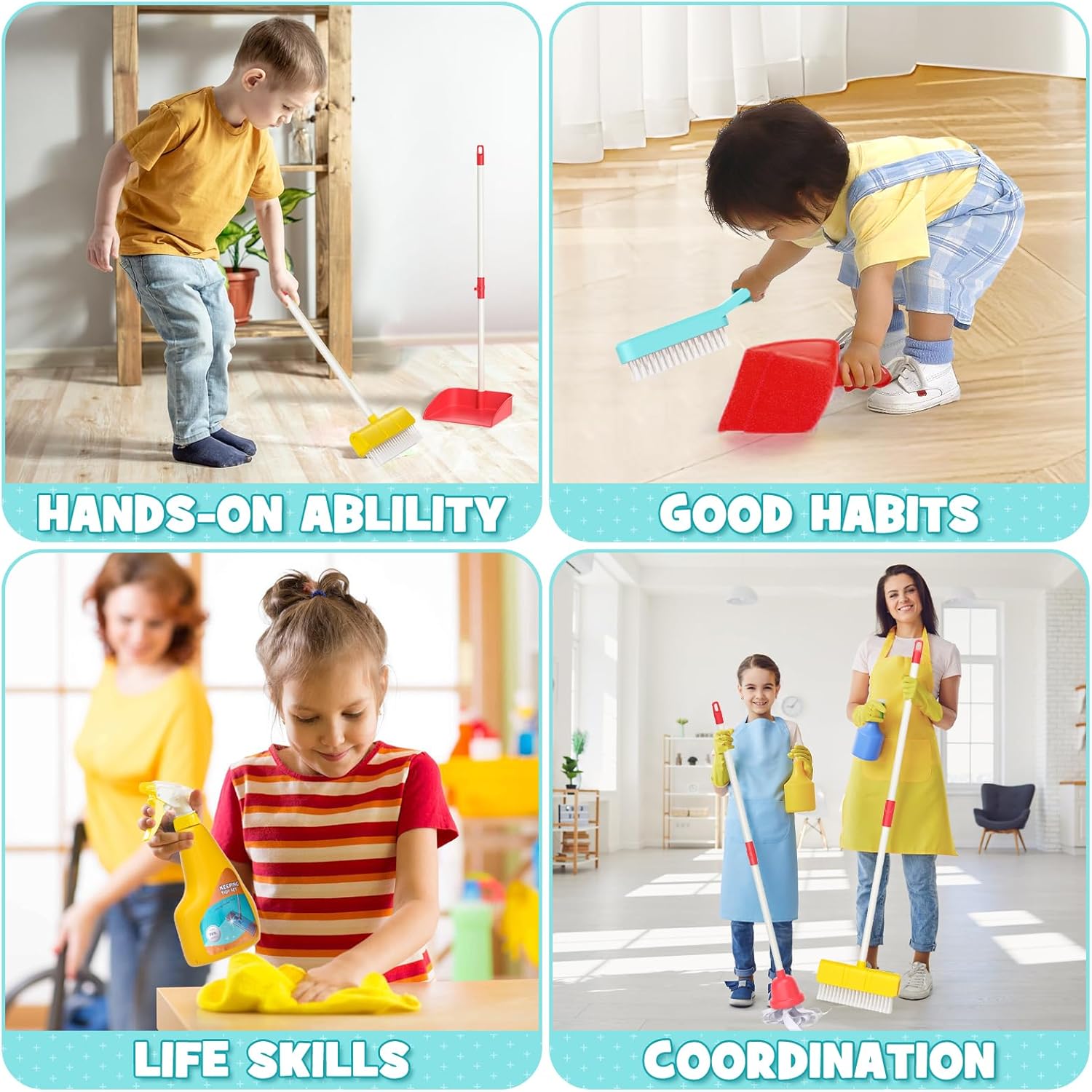 Kids Cleaning Toy Set for Toddlers with 3-in-1 Vacuum That Really Works, Mop & Broom Set & Pretend Play Household Cleaning Tools, Christmas Birthday Gift for Kids Toddlers Boys Girls Ages 3-5-8+