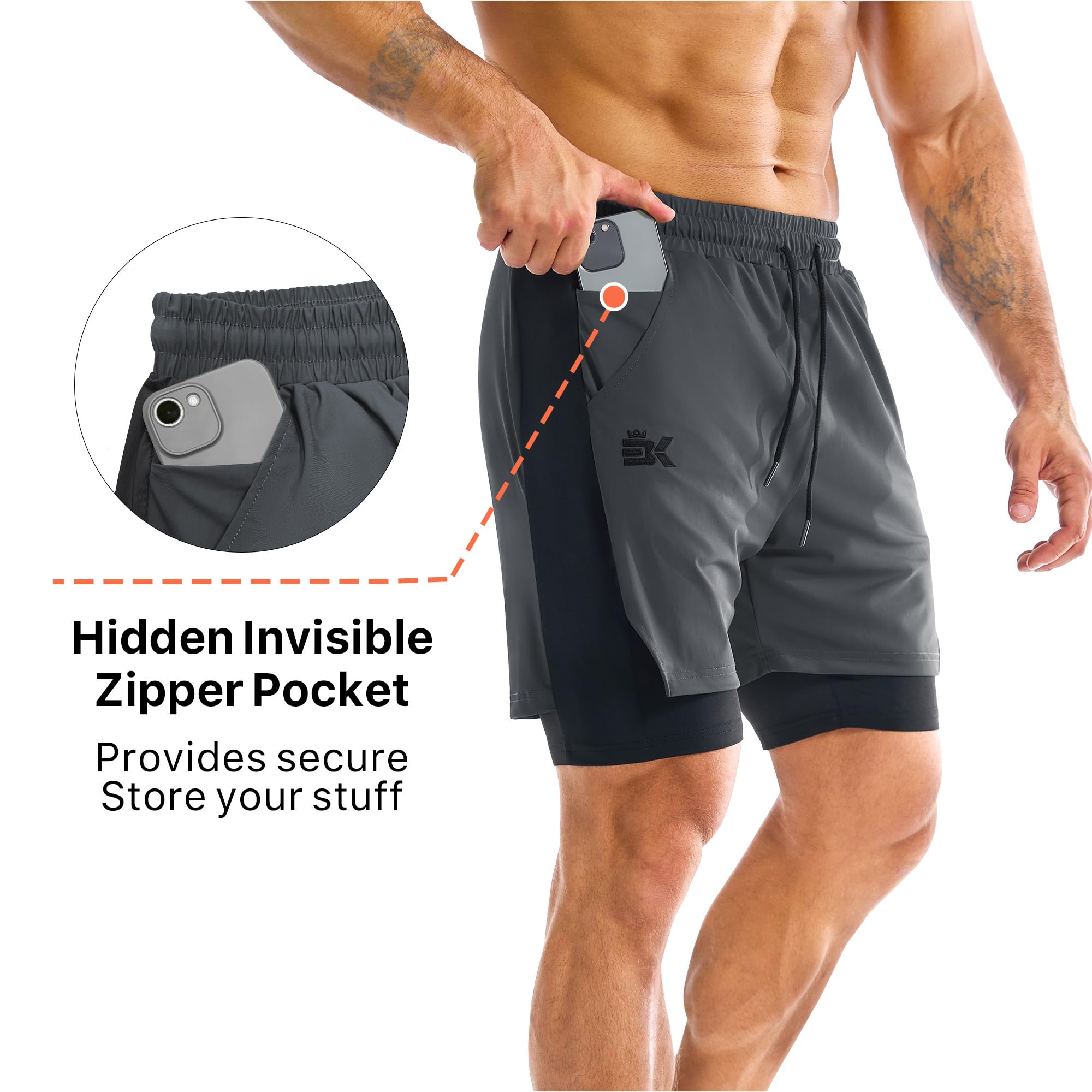 BROKIG Pantalones cortos de gimnasio para hombre, ligeros, para correr, entrenamiento, tenis, ejercicio, con bolsillo con cremallera