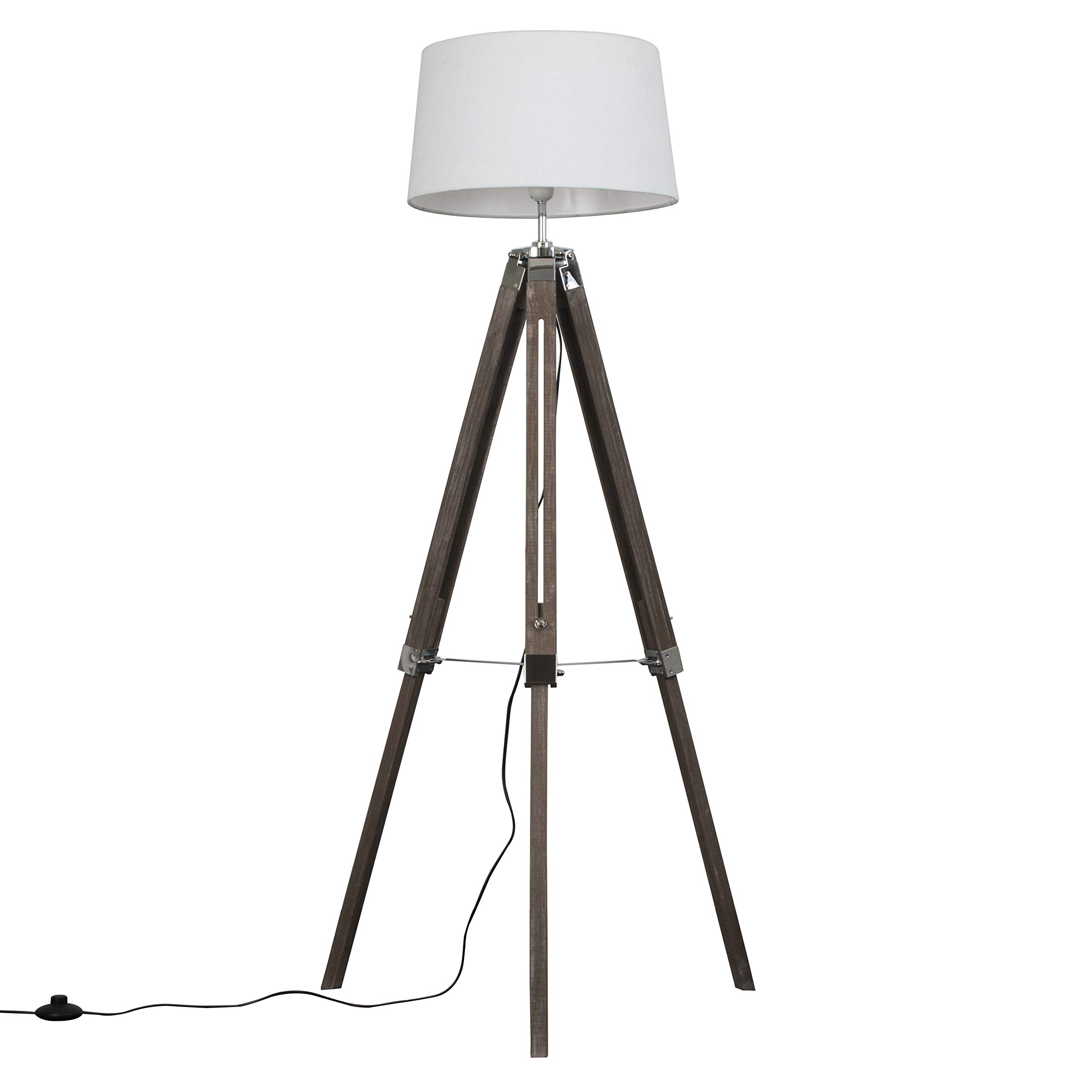 Minisun White | Modern Distressed Wood And Silver Chrome Tripod Floor Lamp With A Tapered Shade | Floor Lamps & Torchieres, Home Décor & Improvement Essential | Includes Bulb [3000K Warm ]