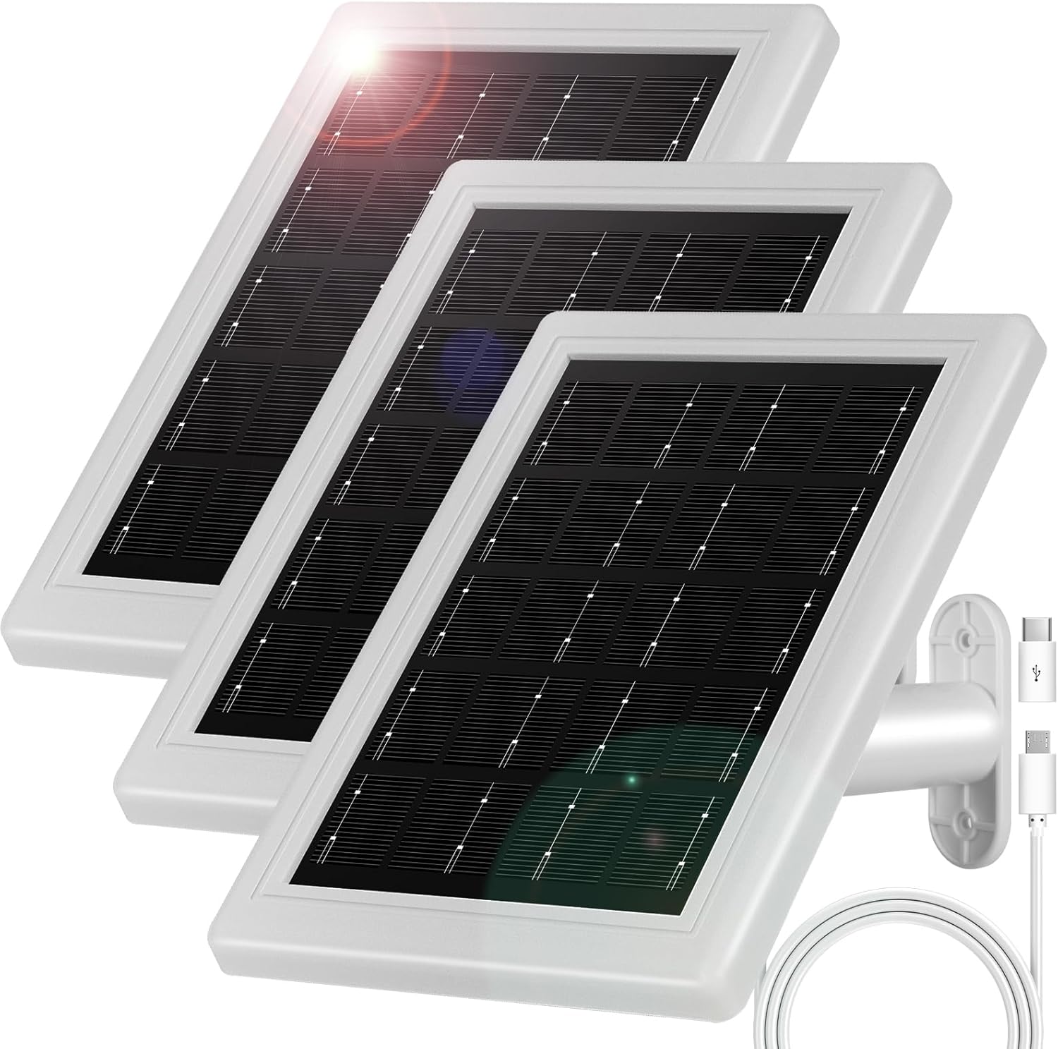 Solar Panel Charger,Solar Panels for Security Camera, Solar Panel with Micro USB & USB-C Port for 5V Outdoor Rechargeable Battery Camera, IP65 Waterproof, 16.4ft Cable(3 Pack, White)