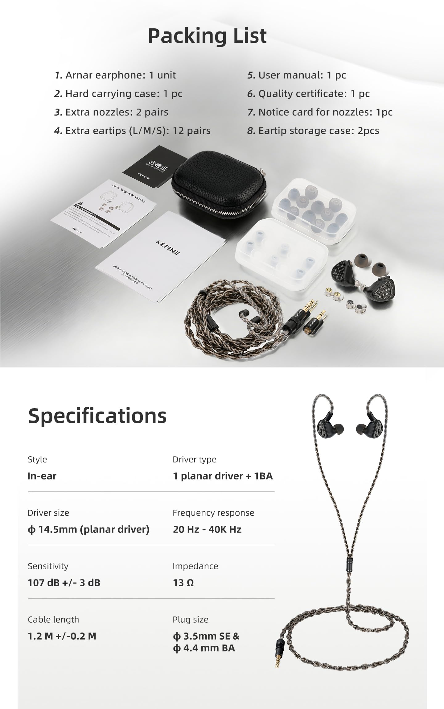 KGUSS KEFINE Arnar Monitory Hi-Fi douszne, 1 płaski przetwornik + 1 hybrydowe słuchawki douszne BA, przewodowe słuchawki 3,5/4,4 mm, odłączany kabel 0,78 mm, 2-pinowy, 3 pary wymiennych zatyczek do