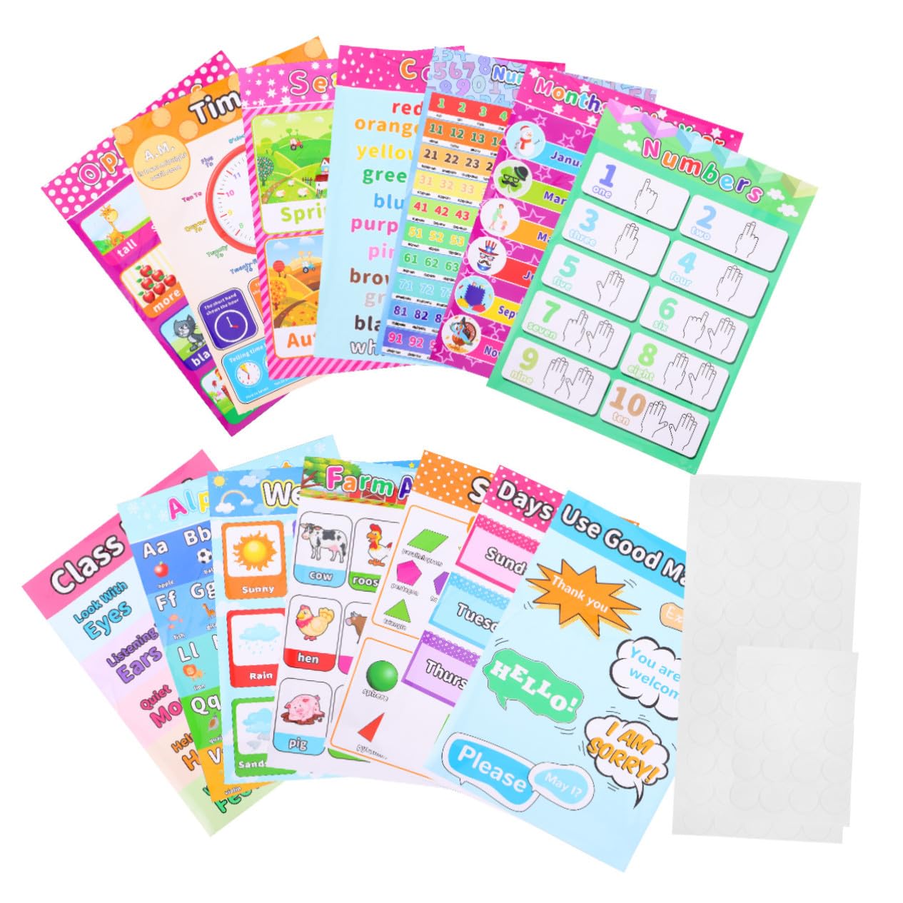 ELAYARD Affiches Éducatives D’anglais pour Maternelle 14 Pièces sur Papier Synthétique 80 Points Adhésifs, Affiches Préscolaires Colorées pour Apprentissage et Décoration de Classe Garçon