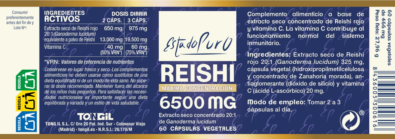 Reishi Estado Puro 6500mg con Vitamina C - Extracto Concentrado 20:1 de Hongo Ganoderma lucidum - Inmunidad y Antioxidante - 60 Cápsulas Vegetales de Tongil