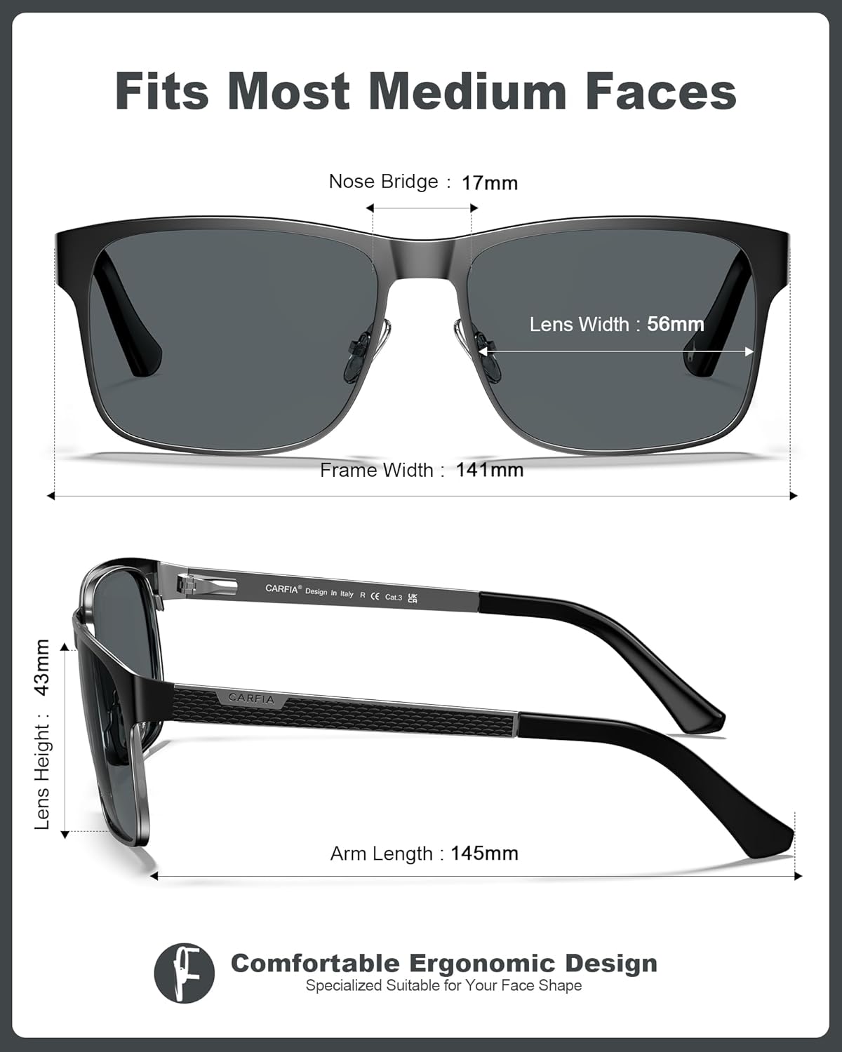 CARFIA Metal Polarized Sunglasses for Men UV400 Protection, Cool Shades with Spring Hinges & Grid Pattern CA5223