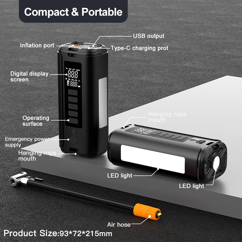 Battery Jumper Starter Portable (9.0L Gas/6.5L Diesel) with 150PSI Auto-Shutoff Air Compressor, 12V Lithium Car Jump Box