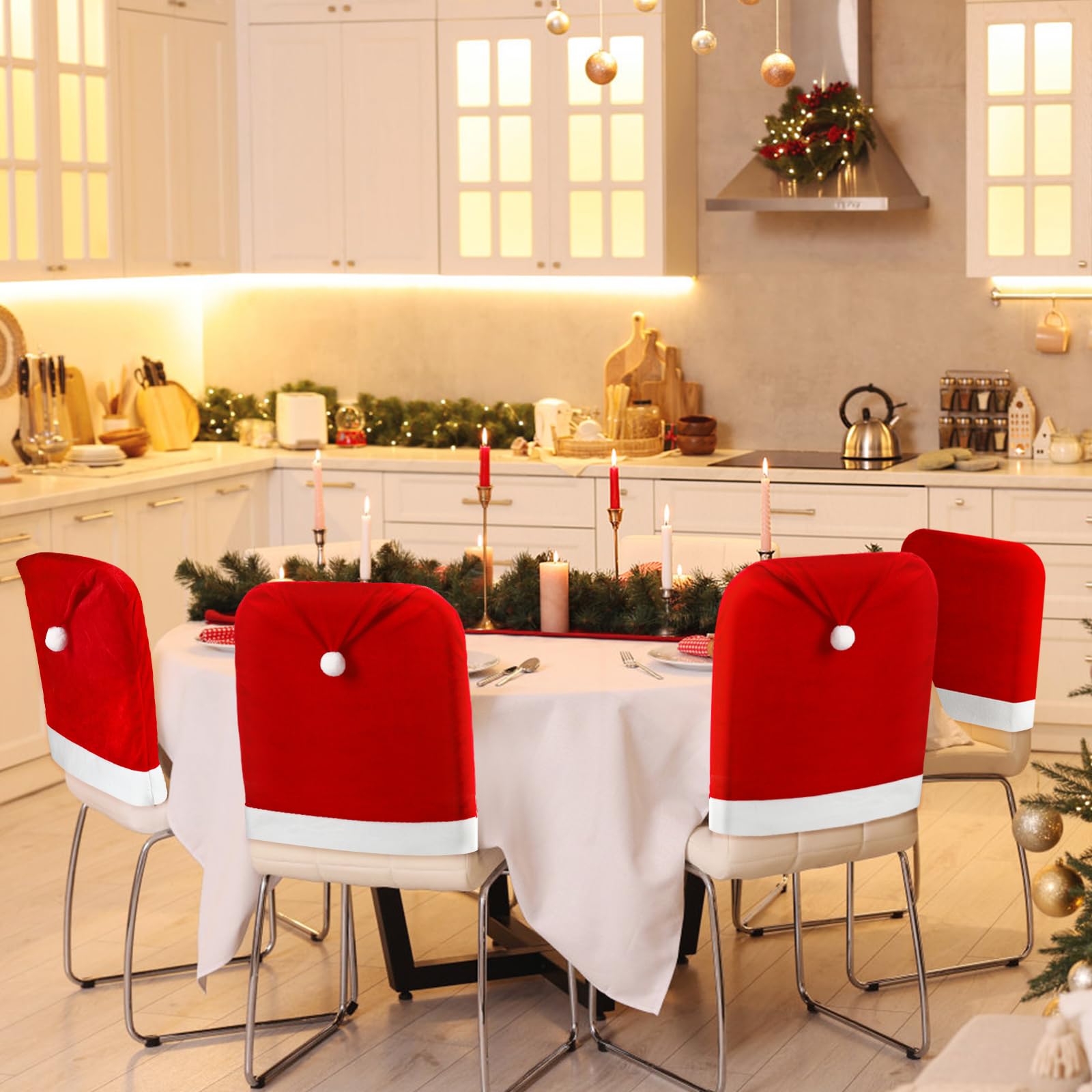 RichDeer Fundas Sillas Navidad Juego de 4, Fundas para Sillas de Comedor Navidad, Decoración Navideña, Funda para Silla de Navidad con 4 Gorros de Navidad, Funda de Silla para Fiesta de Año Nuevo
