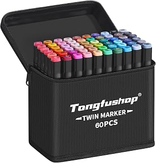 Tongfushop 60 Colored Marker Set, Colouring Pens for Adults, Dual Tip Art Alcohol Markers, Permanent Felt Tip Pens for Drawing, Sketching, Anime, Manga, Fun doodling with Carrying Case & Storage Base