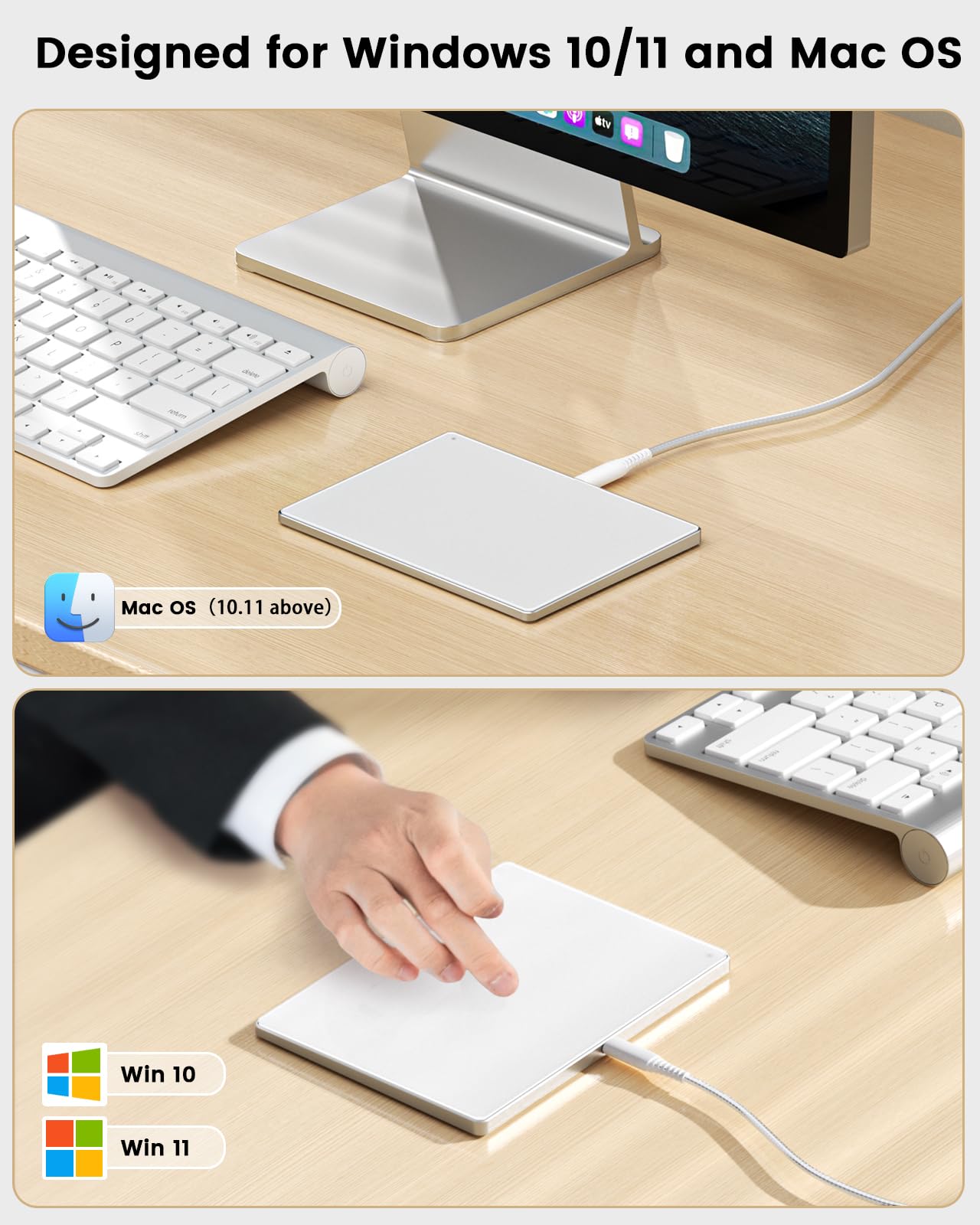 seenda Touchpad para Mac y Windows, Touchpad de Alta Precisión con Superficie de Vidrio y Base de Metal, Touchpad con Modo Doble con Cable para MacBook/PC/Portátil (Blanco)