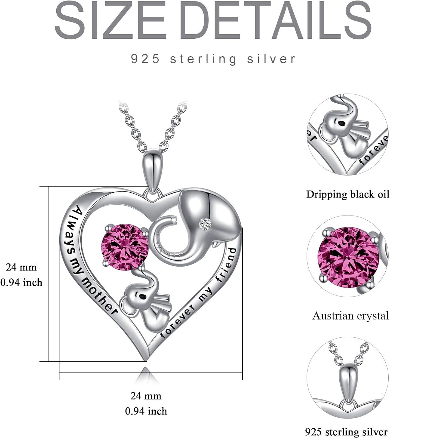 Mum Necklace Sterling Silver Love Heart Lucky Elephant Necklace with Birthstone Crystals - Image 5