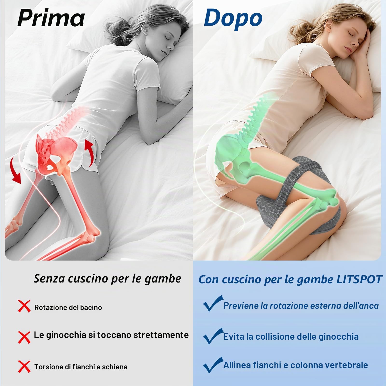 Cuscino Rinfrescante per Gambe e Ginocchia per Dormire sul Fianco, Cuscino Gambe Ergonomic in Memory Foam con Cinghia Elastica Federa Lavabile, Grigio