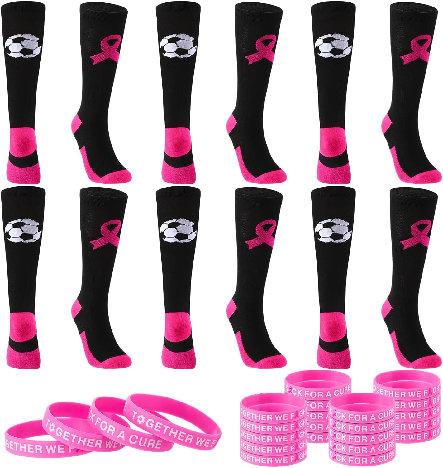 Ramede 6 Pairs Breast Cancer Awareness Crew Socks with 24 Pink out Ribbon Bracelets for Cheer Youth Sport Team Support