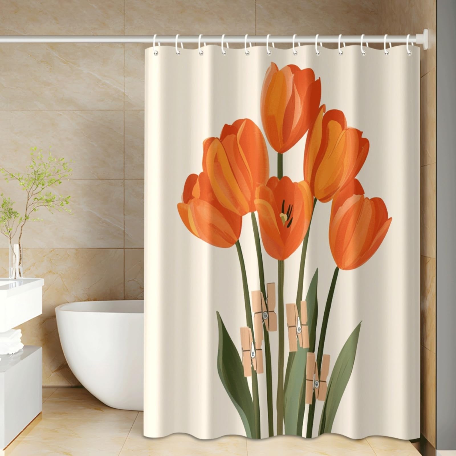 Rideau de douche anti-éclaboussures en tissu polyester fleuri beige orange 180x220 avec crochets