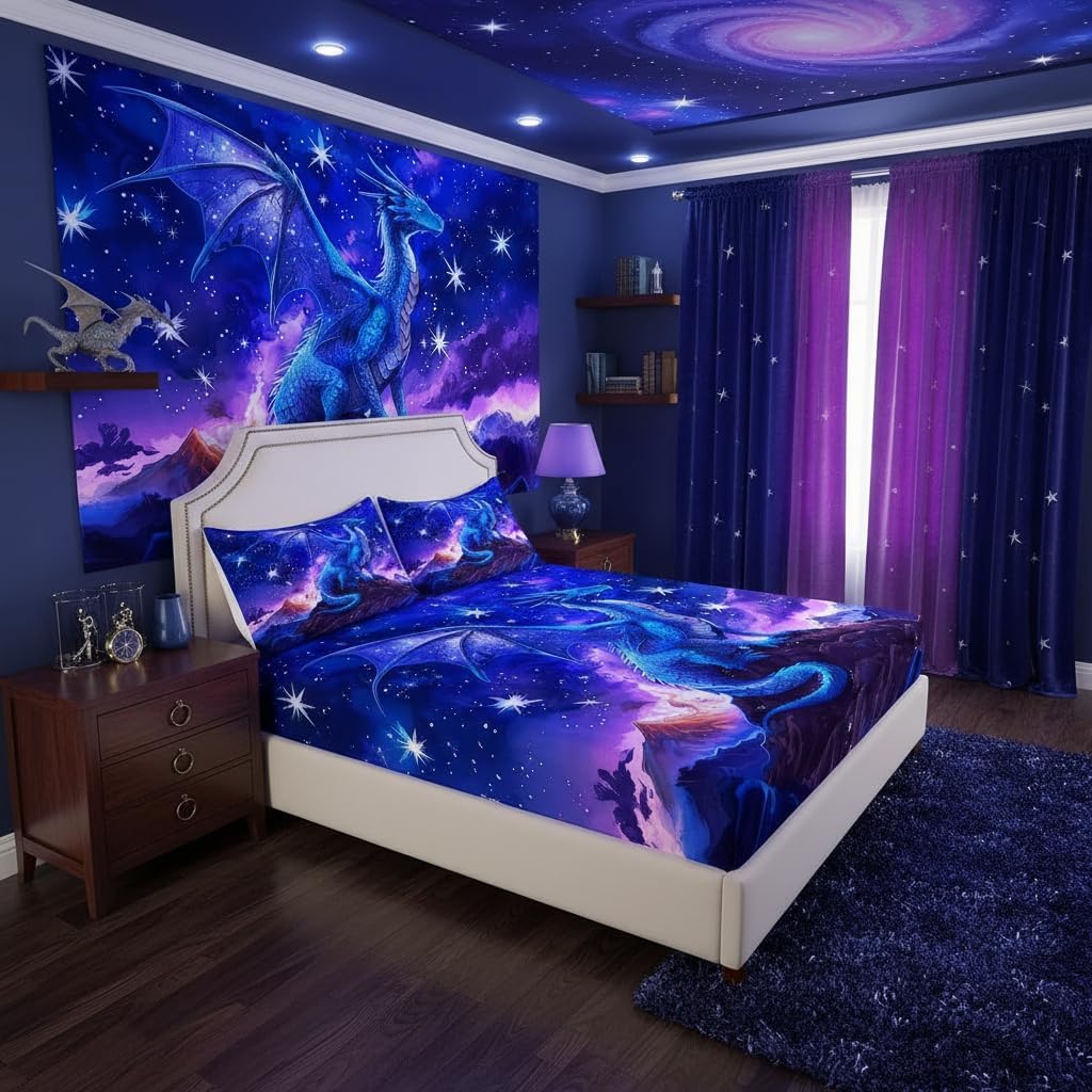 Homewish Dragon Fitted Sheet Full Size,Starry Sky Mountains Bedding Set for Kids Girls Boys Room Decor,Wild Animal Trippy Sheet Set,Blue Purple Western Magical Bed Sheet 3Pcs,2 Pillowcases