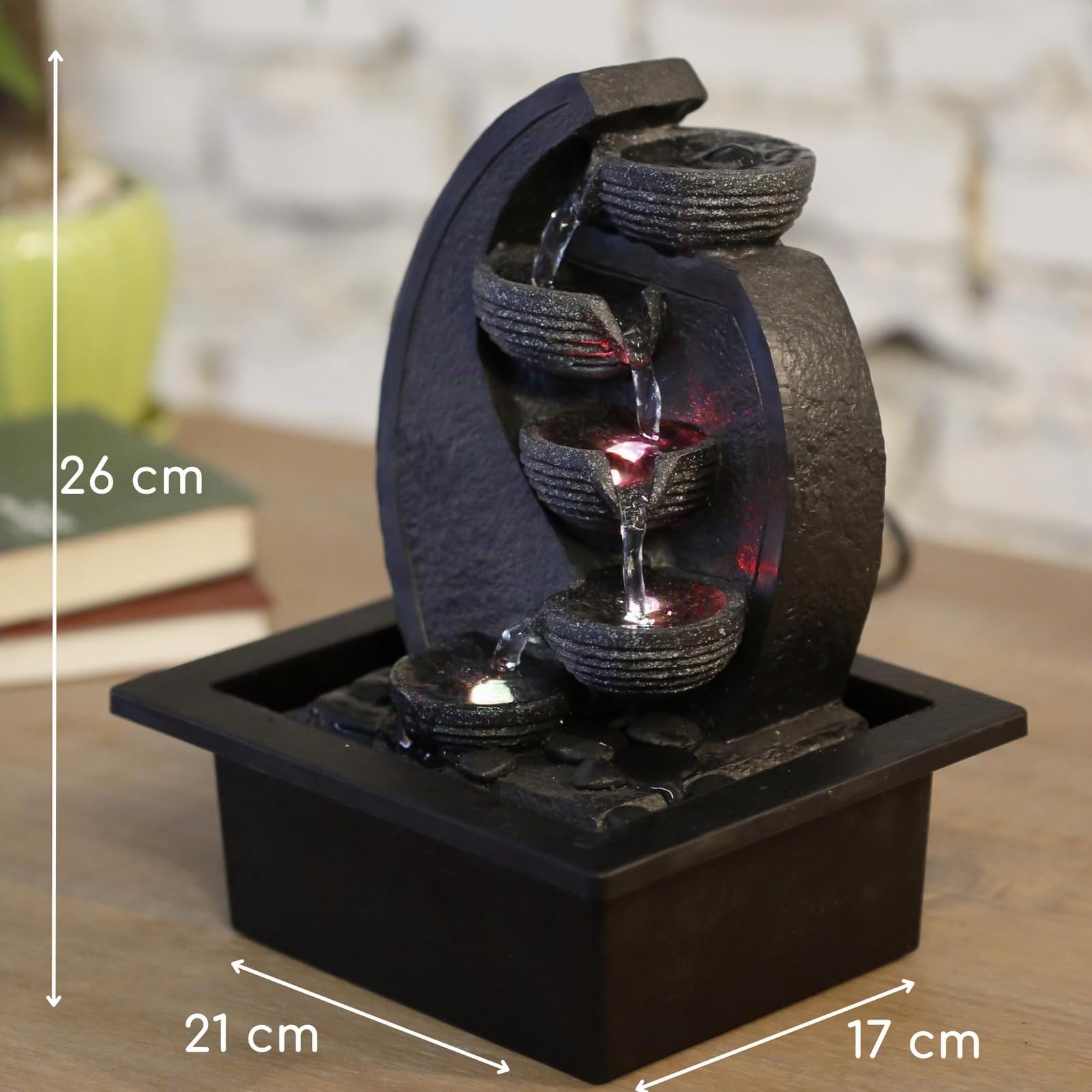 Zen'Light - Zimmerbrunnen Wasserfall V2 4 Ebenen in Natursteinoptik mit farbigem LED-Licht - Moderne Zen Tischdekoration, Ideal für Meditation und Entspannung - H 26 cm
