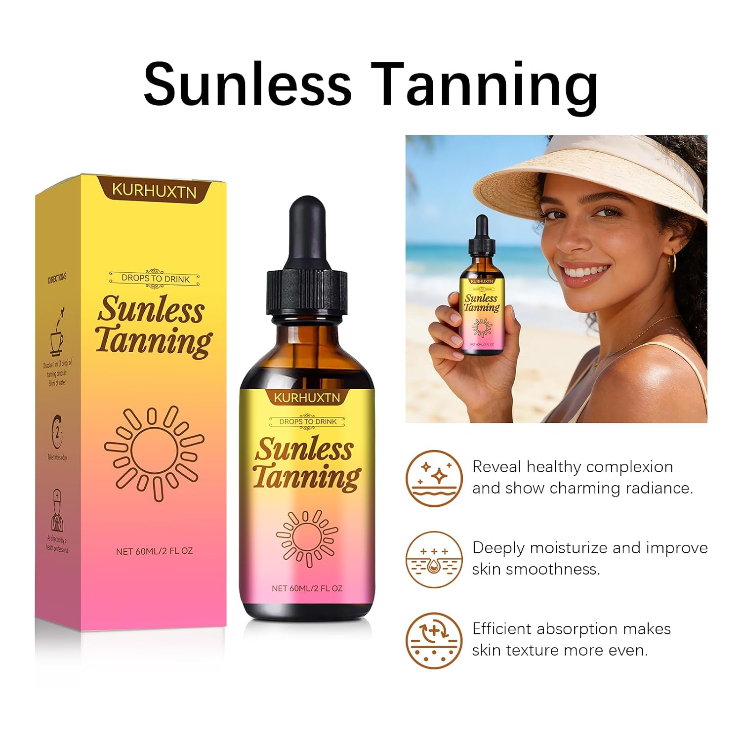Sunless Tanning Drops to Drink, Natural & Organic Ingredients, Moisturizing Bronzing Tanner for Face & Body (2PCS)