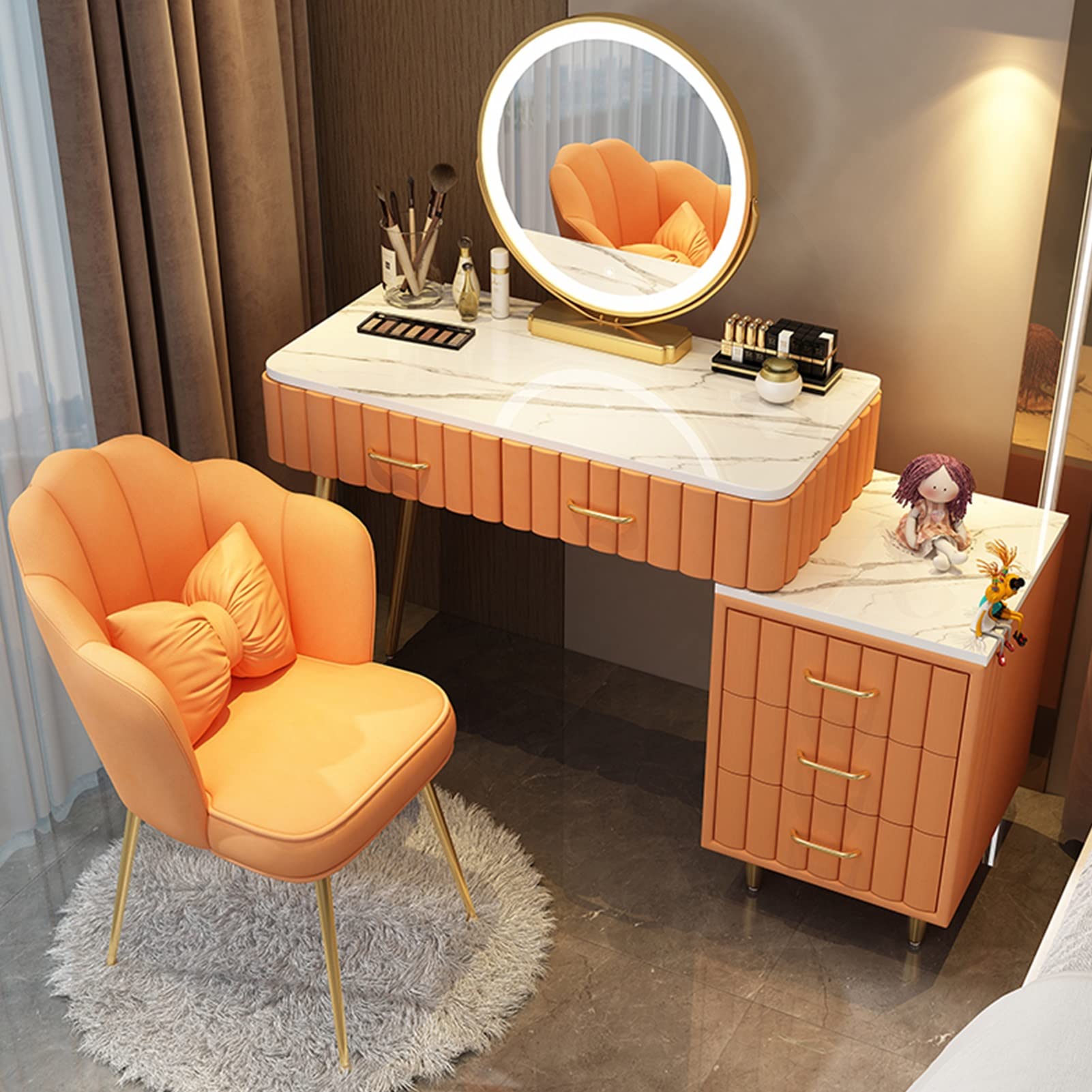 asdchZen Elegant Makeup Vanity Desk Set With Cushioned Stool Led Lighted Mirror In 3 Colors Spacious Dressing Table With Large Drawer Storage White 100Cm/39.3In,Orange B-100cm/39.3in