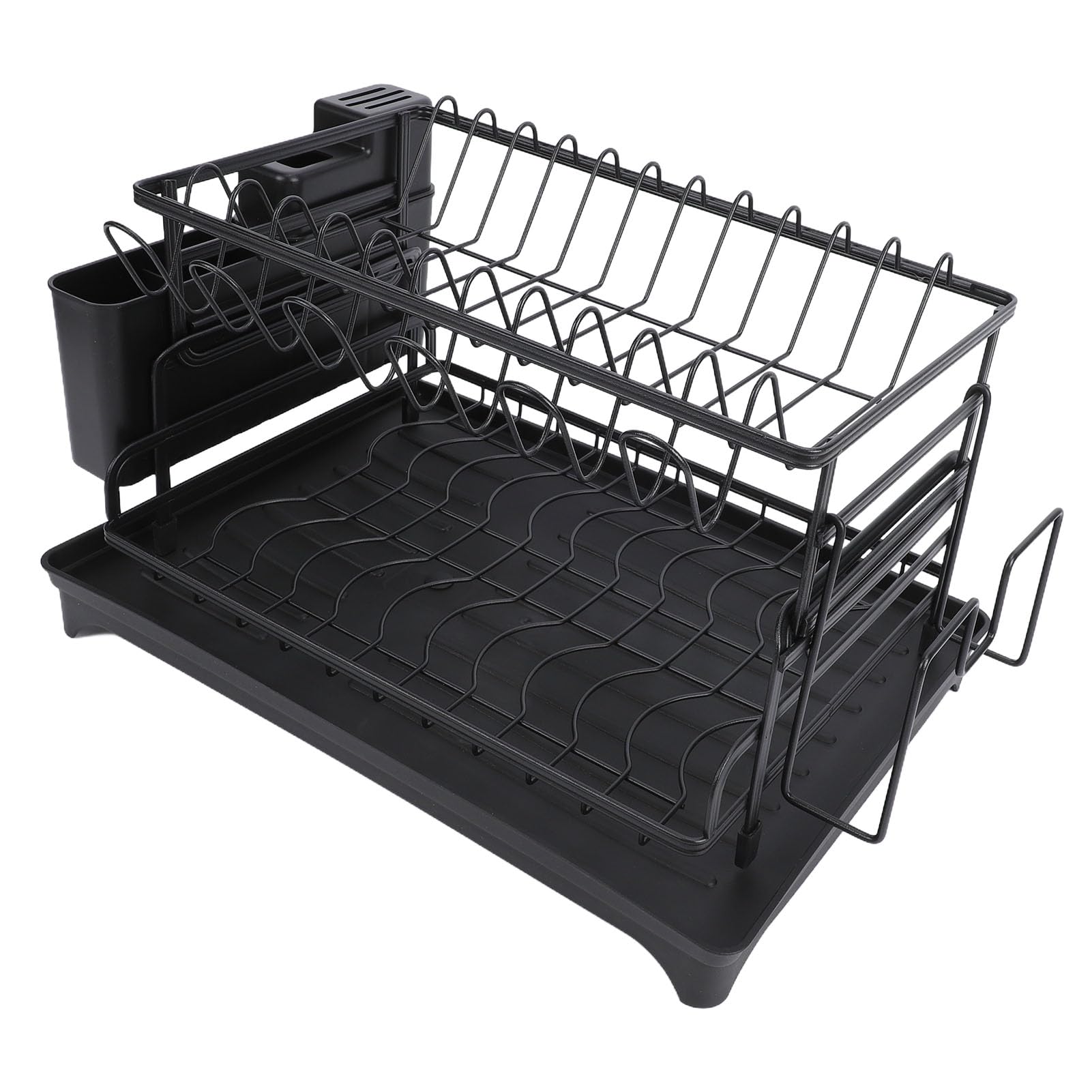 SIXRUN Doppellagiges Küchenregal, Abtropfgestell, Arbeitsplatten-Geschirrständer aus Kohlenstoffstahl mit Utensilienhalter, Abtropfschale, Platzsparend, 41,9 X 30 cm, für Kleine Küchen und Wohnungen