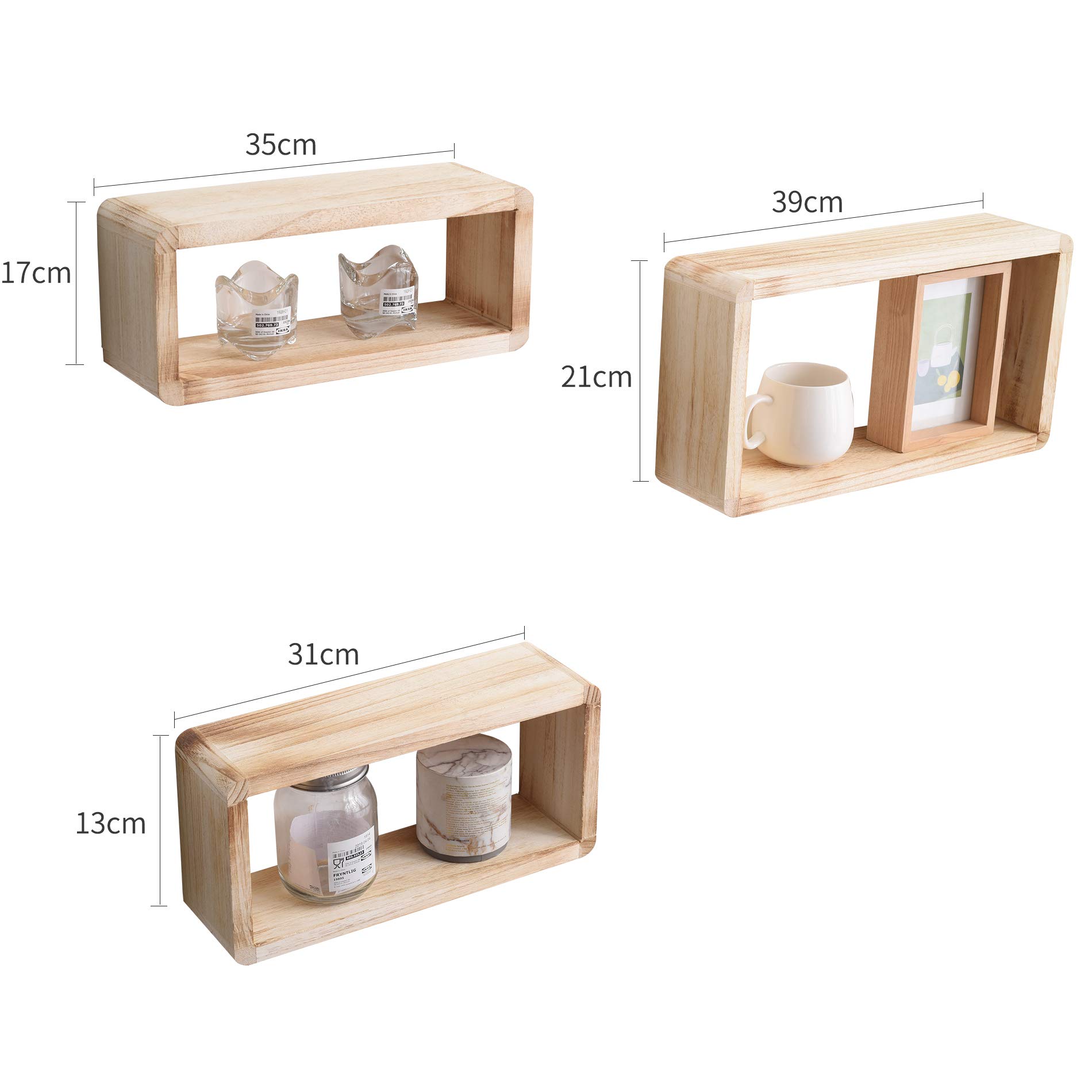 Rebecca Mobili Set 3 Etageres Murales Rectangles en Bois, Marron, Style Shabby Rustique, Cuisine Chambre – Dimensions: 39 x 21 x 10 cm (HxLxL) - Art. RE4079
