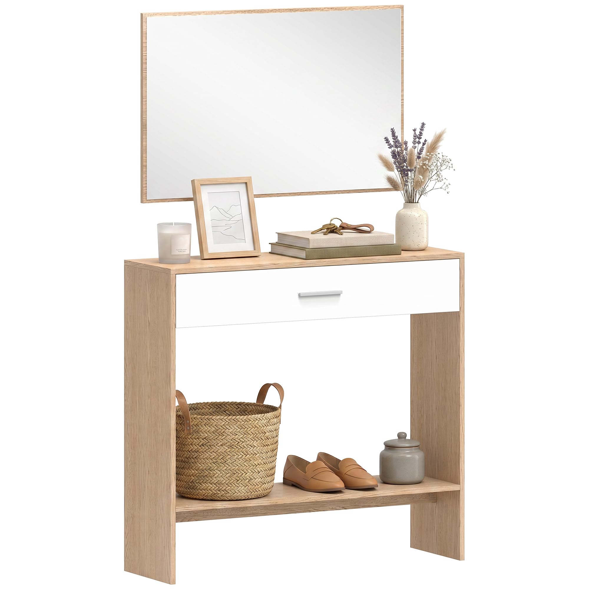 HOMCOM Console Meuble + Miroir avec tiroir 91,5 x 27,9 x 85,5 cm chêne | Table Console Étroite, Avec Étagère, Style Moderne, Table d'Entrée, Couloir, Salon, Petits Espaces