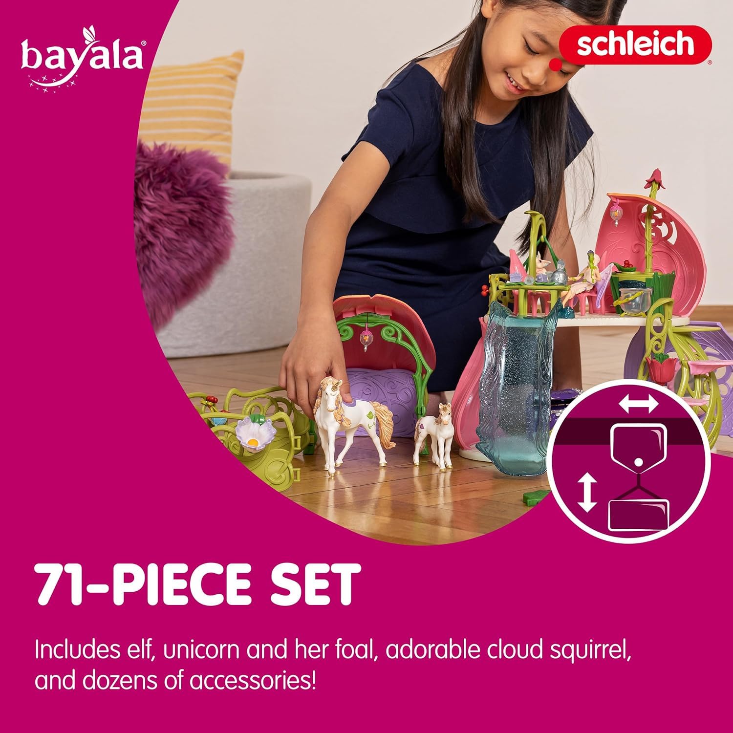schleich BAYALA | Kwiatowy domek z jednorożcami, jeziorem i stajnią 42445 | zestaw z elfką, wiewiórką chmurką i akcesoriami | mały prezent dla dziewczynek i chłopców | figurka od 5 lat | 71 elementów