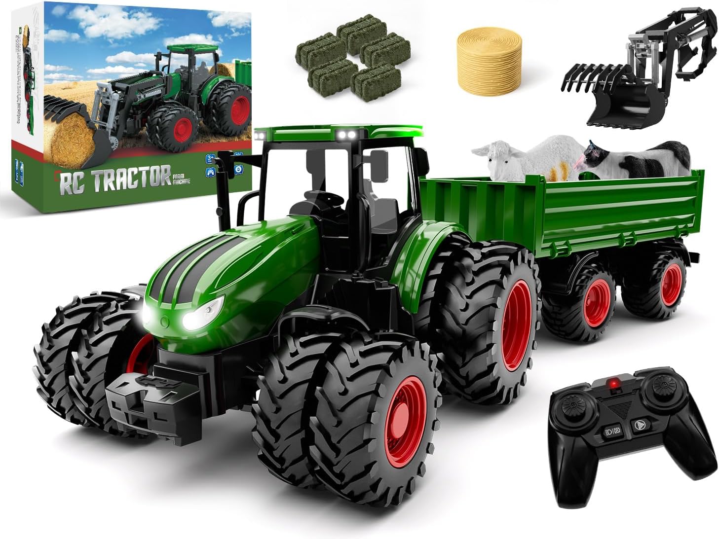 Uarzt Remote Control Tractor Toy with Trailer | Metal Front & Front Loader Farm Vehicle Set with Lights & 8-Wheel Design, RC Tractor Truck for Boys Ages 3-9, Fun Farm Toy Gift for Kids