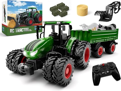 Uarzt Remote Control Tractor Toy with Trailer | Metal Front & Front Loader Farm Vehicle Set with Lights & 8-Wheel Design, RC Tractor Truck for Boys Ages 3-9, Fun Farm Toy Gift for Kids