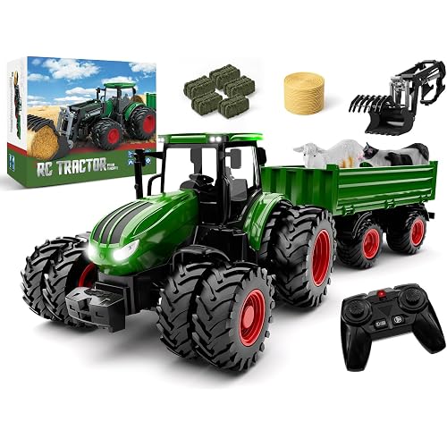 Uarzt Remote Control Tractor Toy with Trailer | Metal Front & Front Loader Farm Vehicle Set with Lights & 8-Wheel Design, RC Tractor Truck for Boys Ages 3-9, Fun Farm Toy Gift for Kids