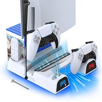PS5 Stand with Suction Cooling Fan for Playstation 5 Disc & Digital Editions 3 Levels Adjustable Fans Speed and 11 Games Storage PS5 Accessories Cooler Fan Charging Station