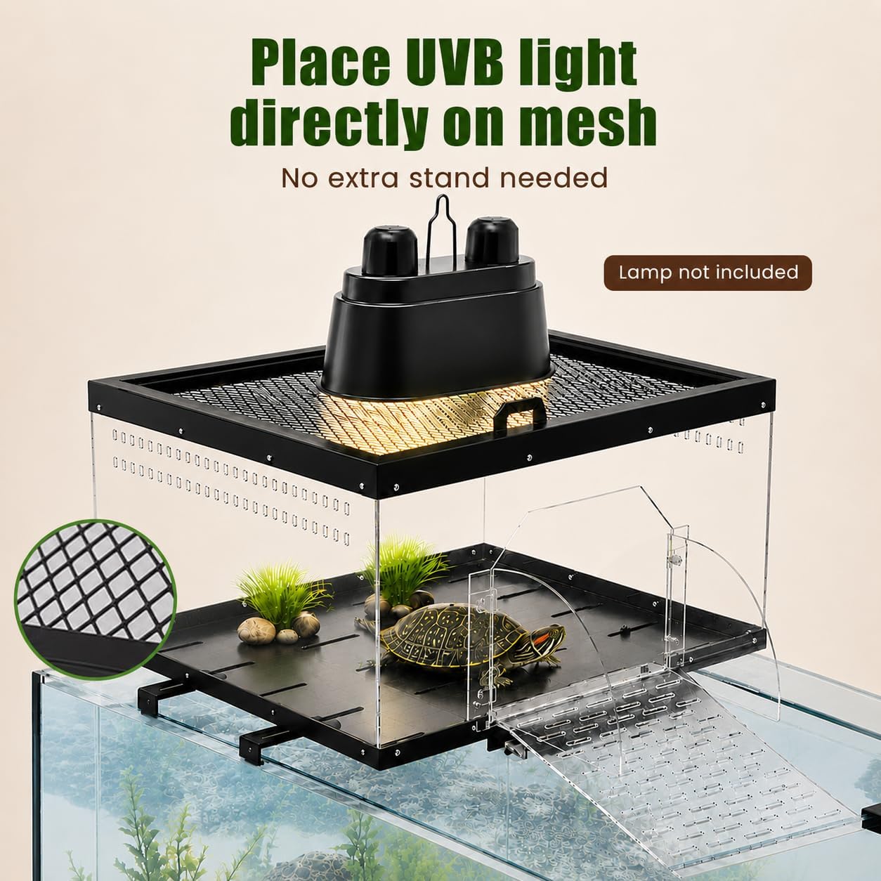 Extra Large Turtle Basking Platform for Aquatic Turtles with Turtle Brush | Stainless Steel Turtle Dock with Non-Slip Acrylic Ramp, Flip-Open Lid ,Escape-Proof, Fits 18-24" Wide Aquariums Tank