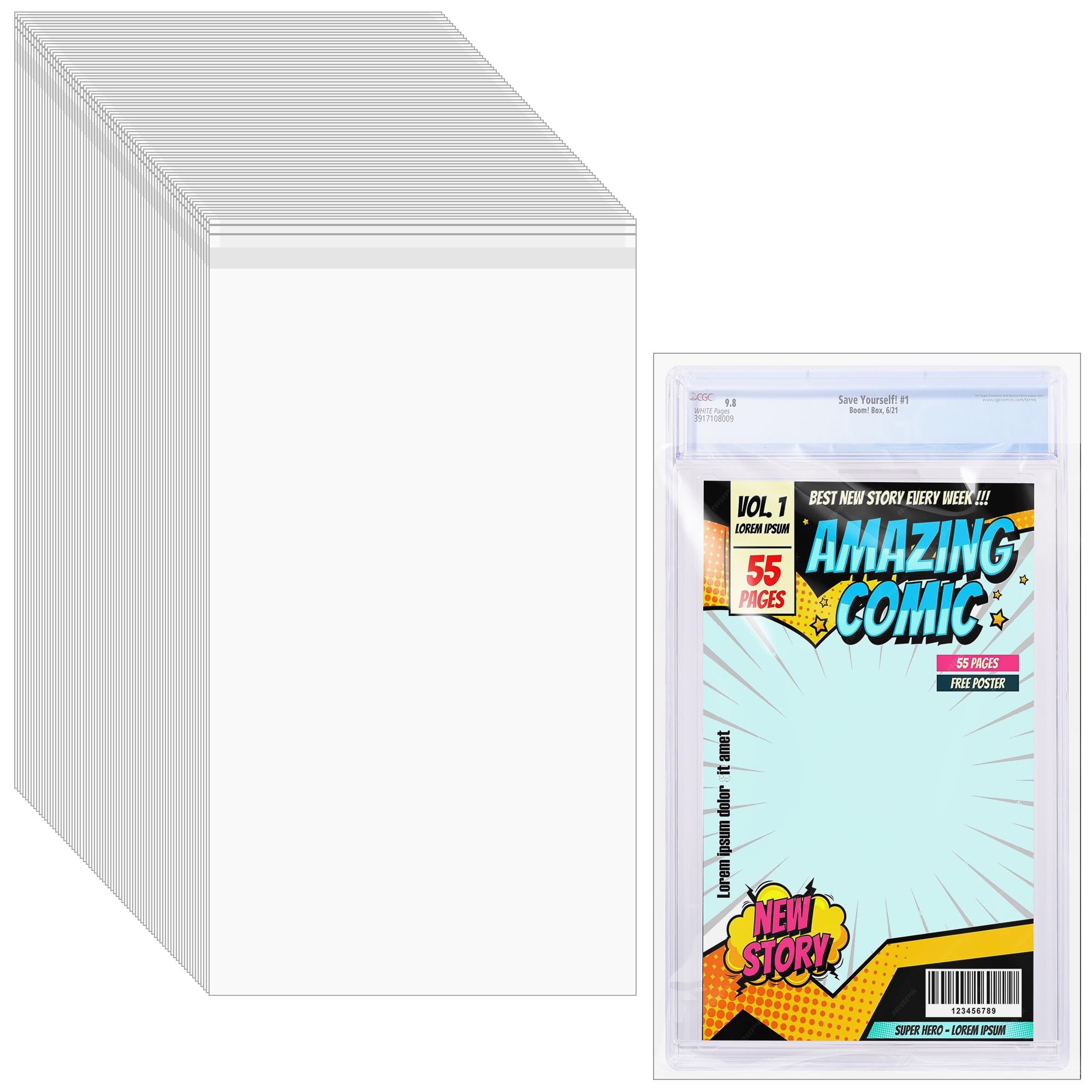 50 Pcs Resealable Graded Comic Book Bags,Clear Plastic Comic Sleeves for CGC and CBCS Slabs Collection Storage Protection