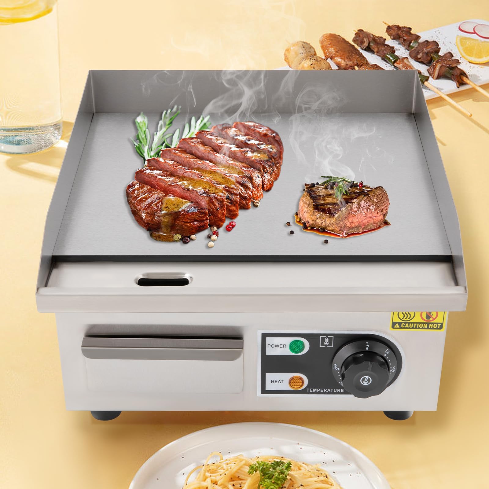 Griglia Elettrica Commerciale, Piastra Piana Da Banco 1500W Con Temperatura Regolabile 50-300℃ E Superficie Antiaderente, Griglia In Acciaio Inox Per Cucina Attività E Catering