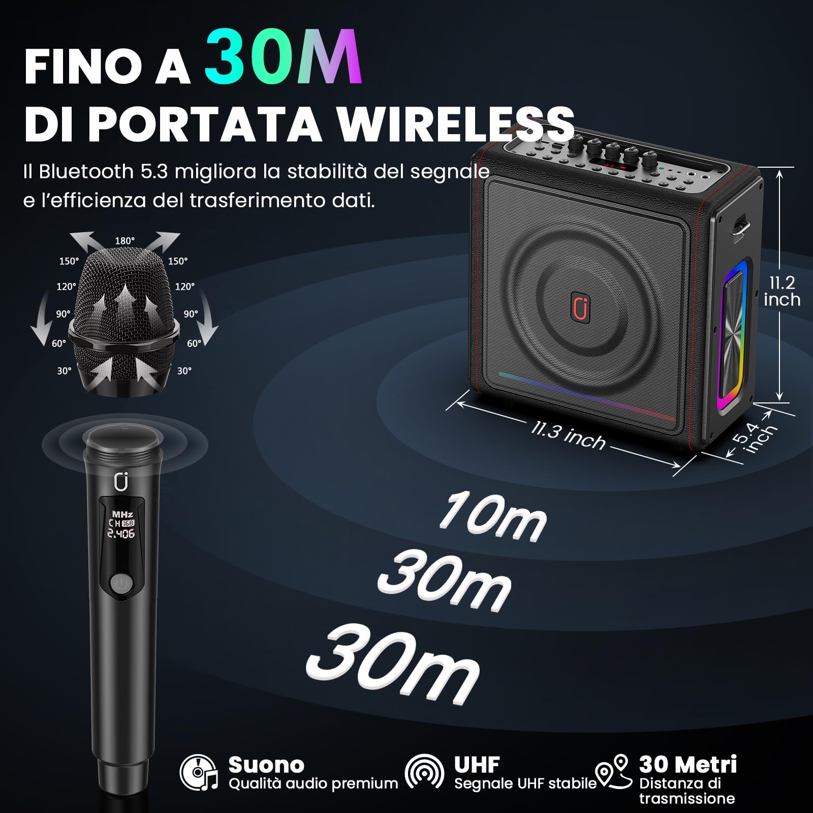 HWWR Karaoke con 2 Microfono Wireless Kit con LED, 300W Cassa Bluetooth 5.3, 36 ore, Sistema PA per Adulti Bambini Supporto TF/USB/FM/Registrazione/AUX/TWS, Canta Tu Karaoke 2026