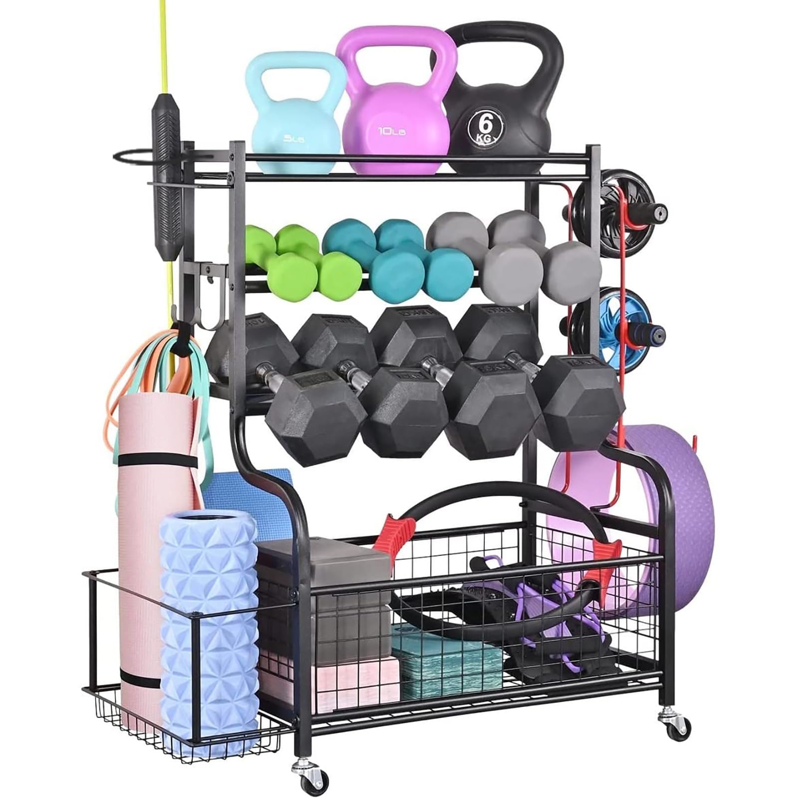 Support d'haltères pour salle de sport avec rangement kettlebells et tapis de yoga