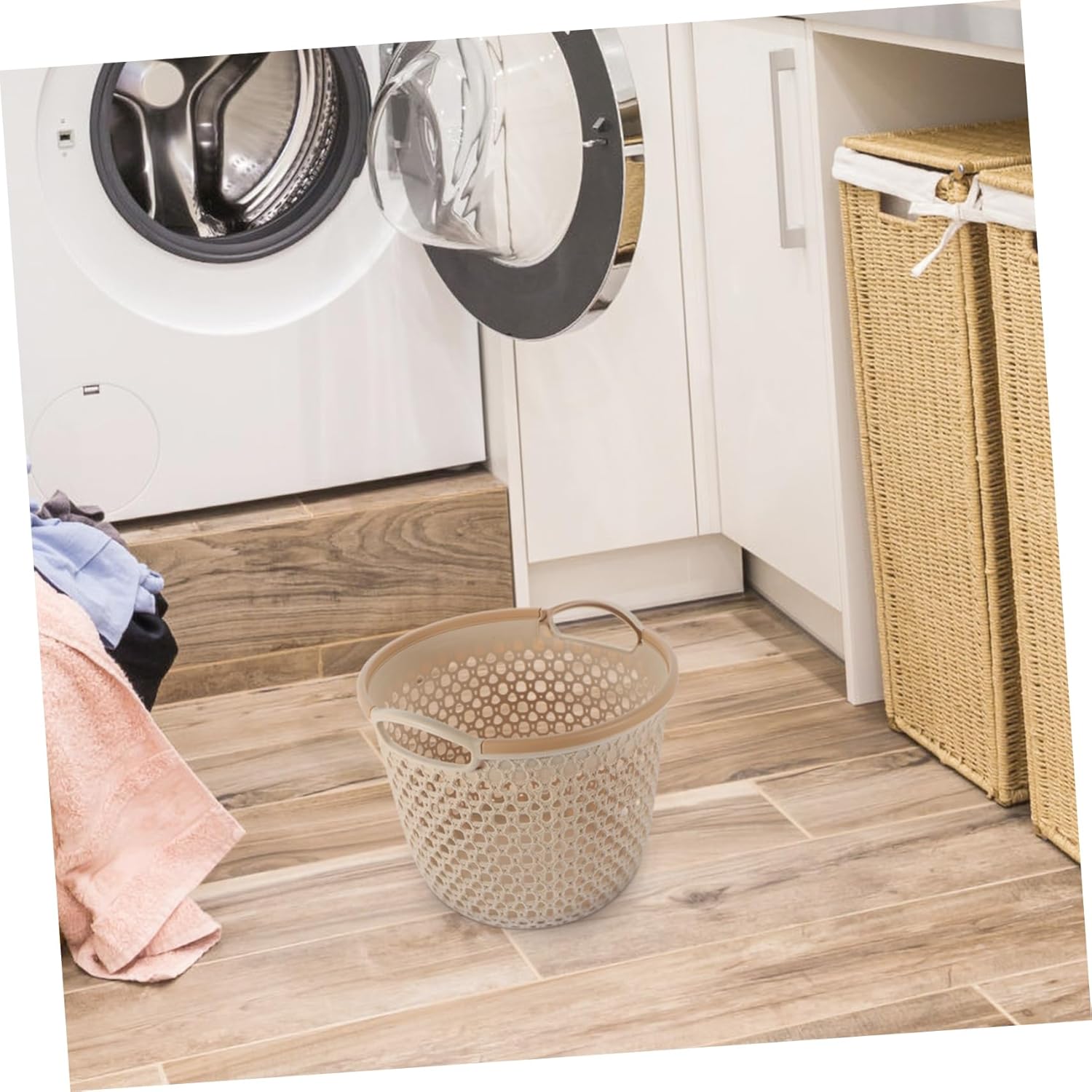 VICASKY Hollow Out Laundry Basket with Handles Medium Dirty Clothes Organizer for Home Portable Multi Function Storage Hamper for Bathroom Bedroom Nursery Dorm Use