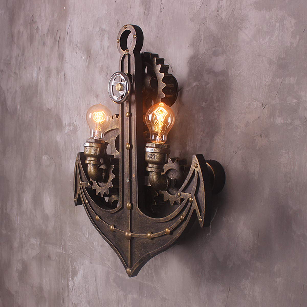 WXKAGF Lampada da Parete Stile Industriale retrò Loft personalità Creativa Soggiorno Caffetteria Ristorante Soggiorno Bar Ancoraggio Ingranaggio in Ferro battuto E27 2 Lampadine Luci Decorative (47 *