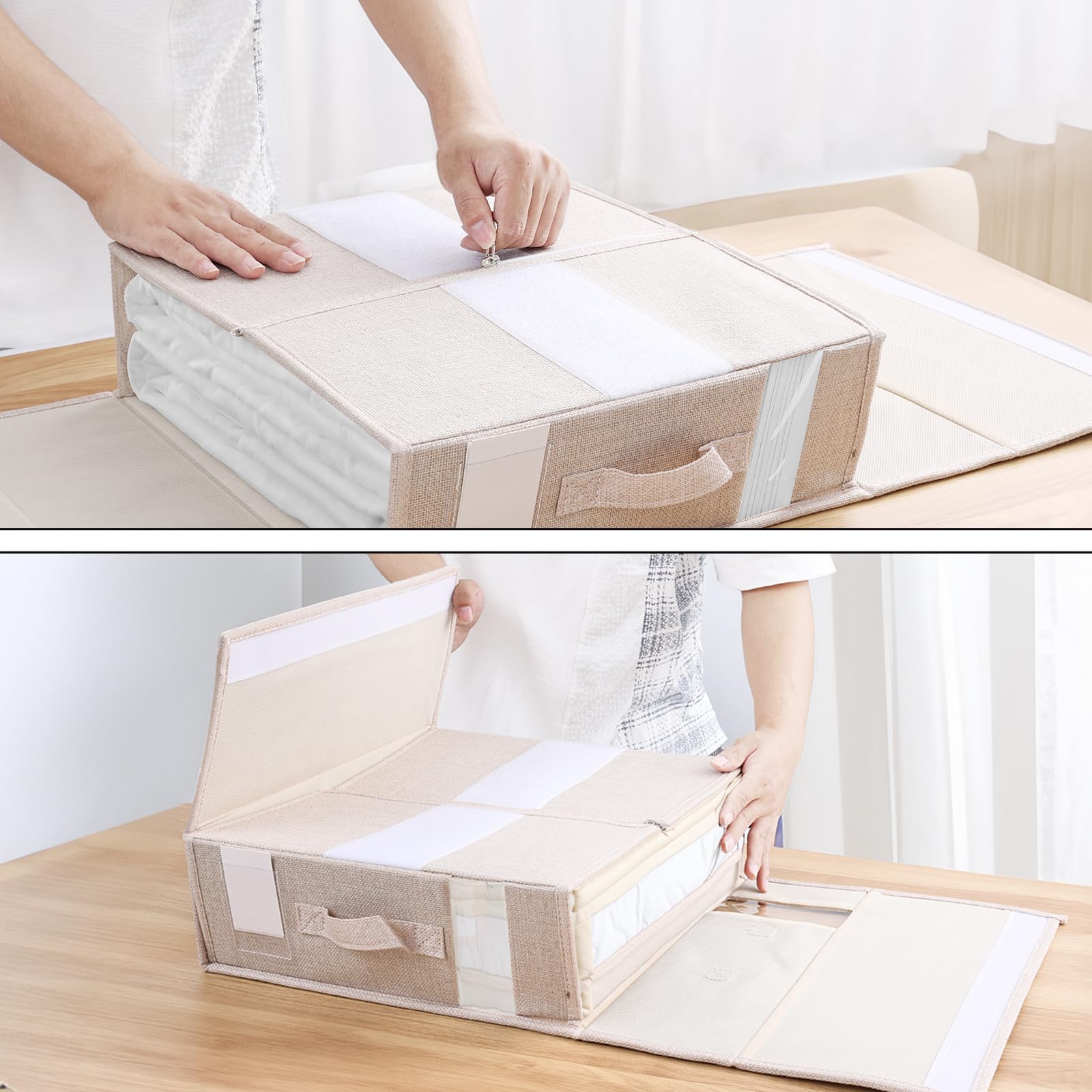 Organizer per lenzuola, contenitore pieghevole per coperte, biancheria da letto, armadio con 2 finestre visive, organizer per lenzuola, vestiti e coperte (beige