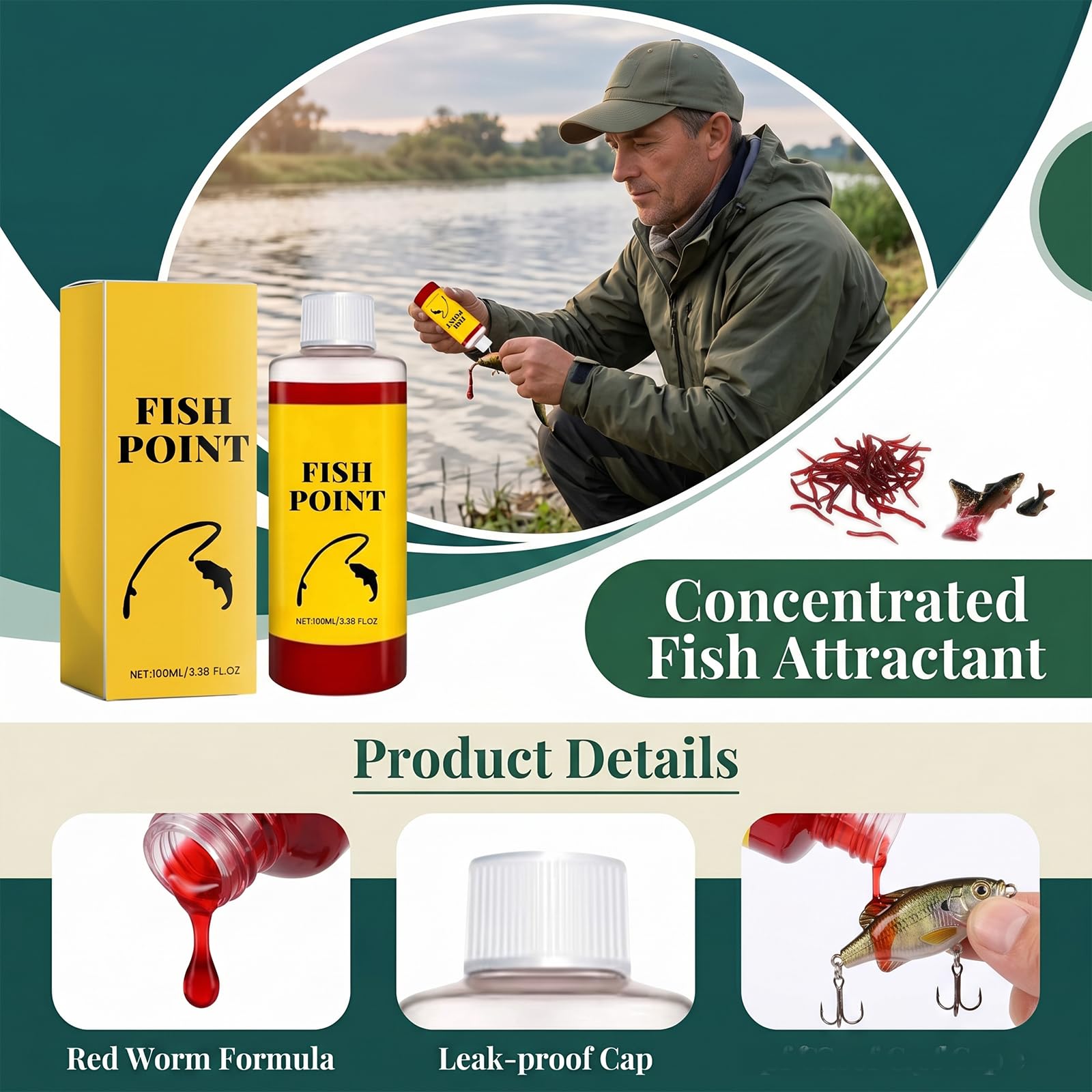 Fish Point Liquid, Concentrated Fish Attractant Spray, Fast-Acting Red Worm Formula, Supports Better Bite Response for Freshwater Fishing, 100ml