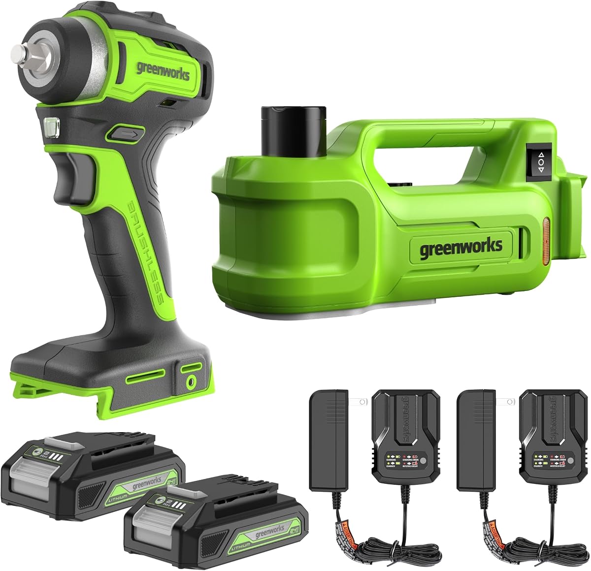 Greenworks Kit combinado de herramientas eléctricas inalámbricas de 24 V sin escobillas, 2 piezas, incluye llave de impacto, gato para automóvil, incluye 1 batería de 4 Ah, 1 batería de 2 Ah y 1 cargador