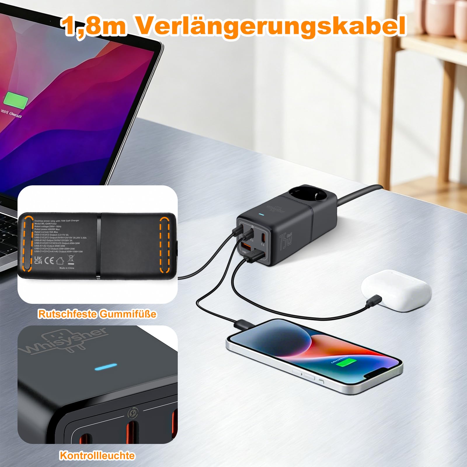 GaN 75W Steckdosenleiste mit USB C, 6-in-1 Mehrfachsteckdose | 1x Schuko + 3x USB-C (PPS) + 2x USB-A, 1,8m Kabel, 4000W, Kompakt, Kindersicher, Steckerleiste für Laptop, Tablet, Smartphone