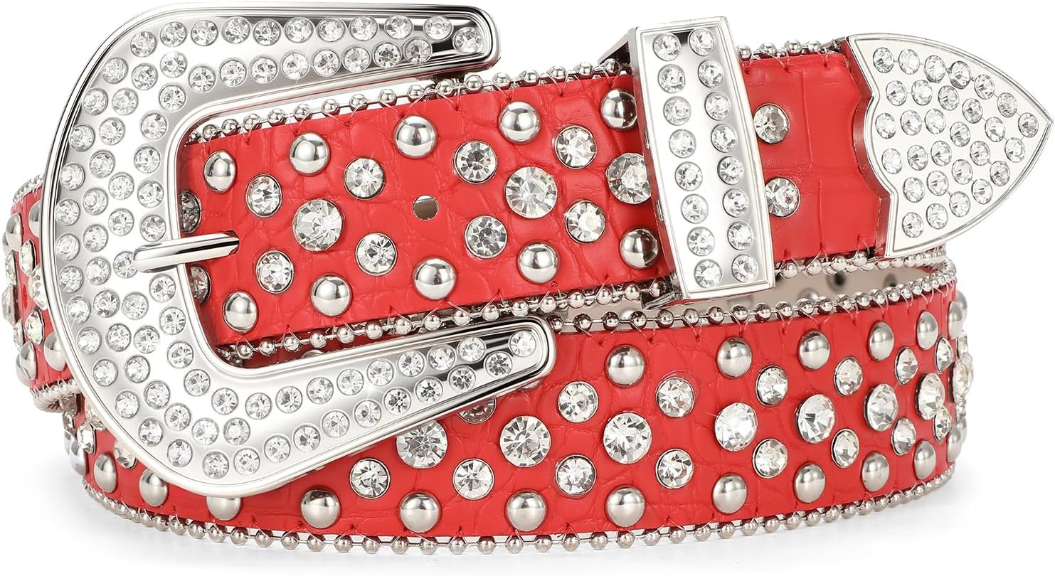 Women Rhinestone Belt for Jeans, Men Western Cowgirl Bling Studded Belt Faux Crocodile Grain Leather